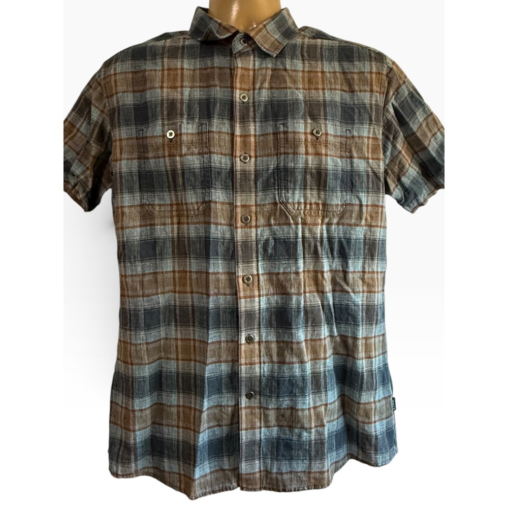 Kuhl Mens Medium Short Sleeve Plaid Linen Cotton Button Down Shirt Blue Brown